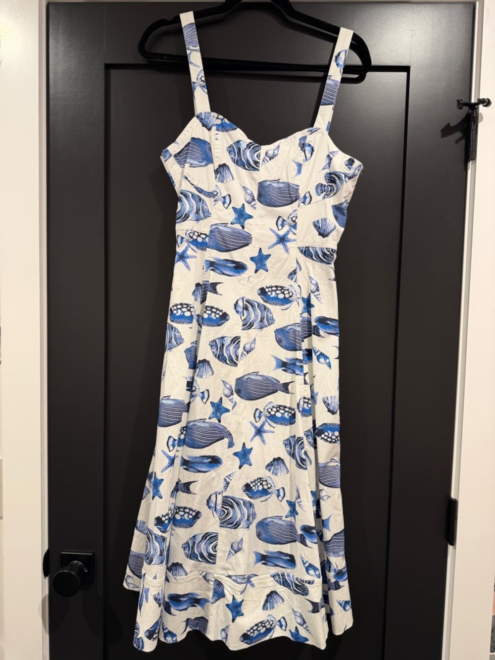 Avec Les Filles White Midi Dress with Blue Seashell Print